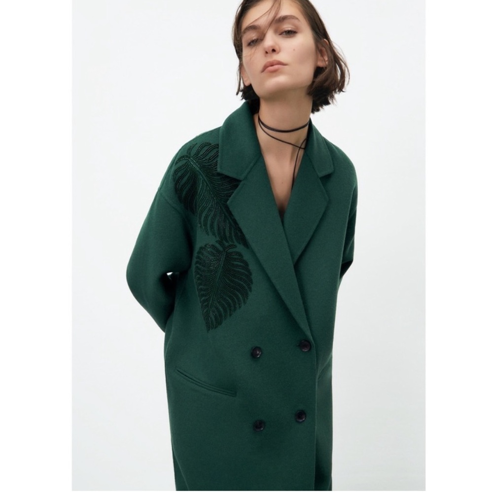 NWT Zara Dark Green Wool Coat with Beaded Leaves, Size XSmall